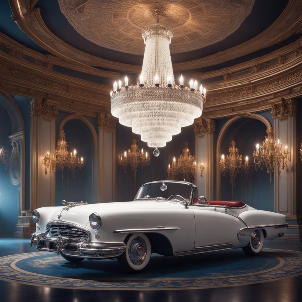 Intricate Chandelier with Retro Car, Matte Painting
