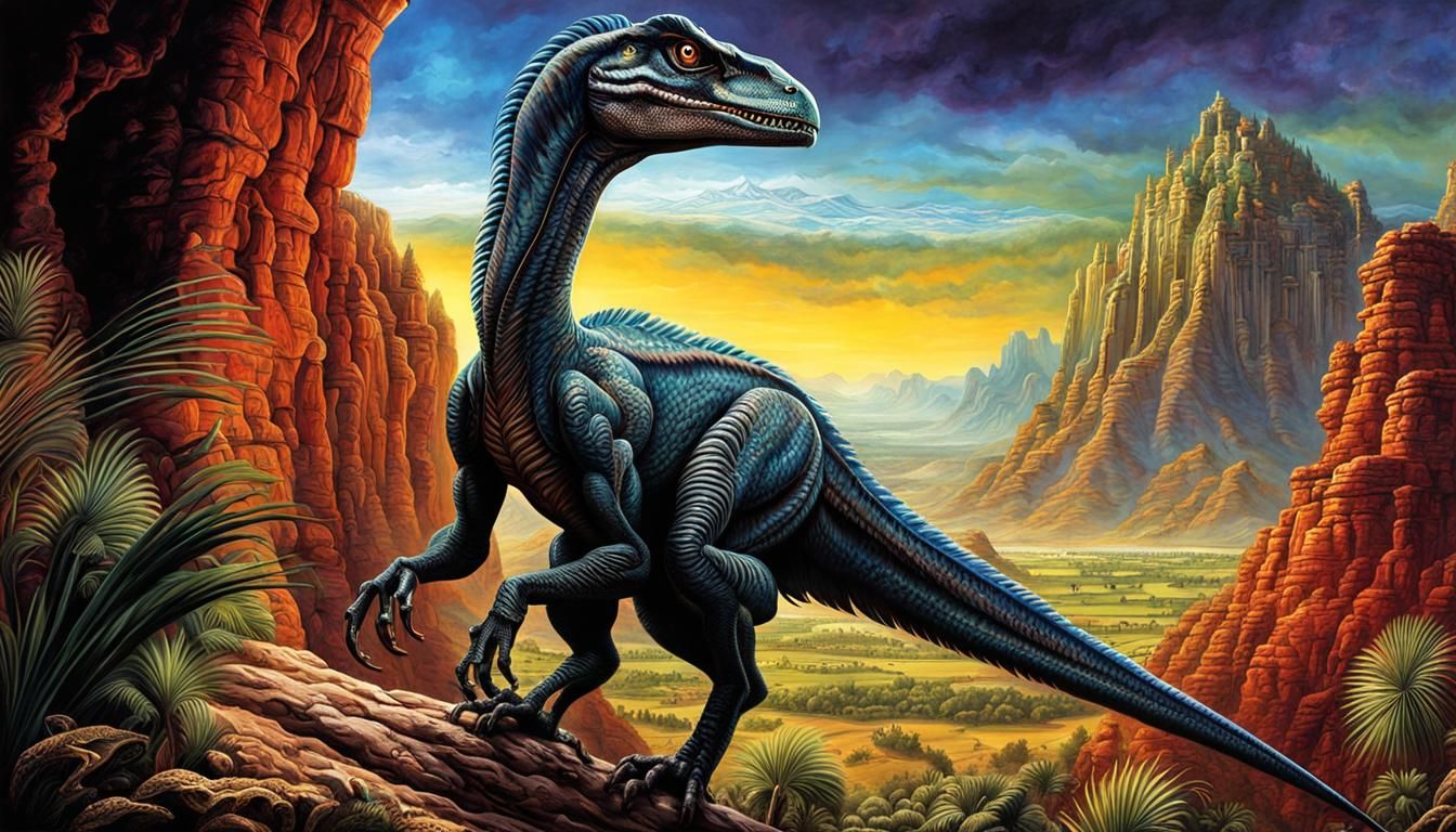 Ominous Velociraptor in Prehistoric Valley