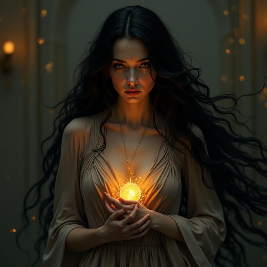 Mystical Woman with Amber Eyes and Flowing Silk