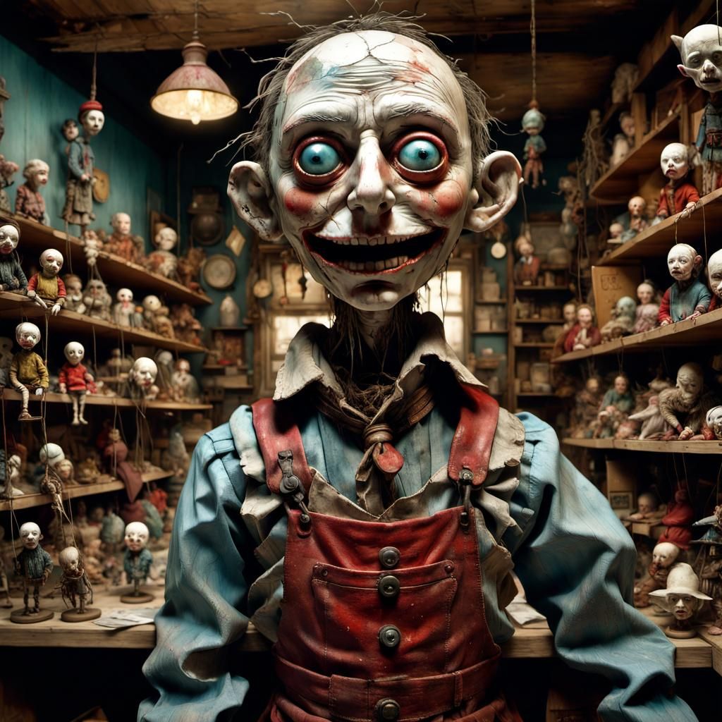 Sinister Porcelain Puppet in Toy Store, Mixed Media