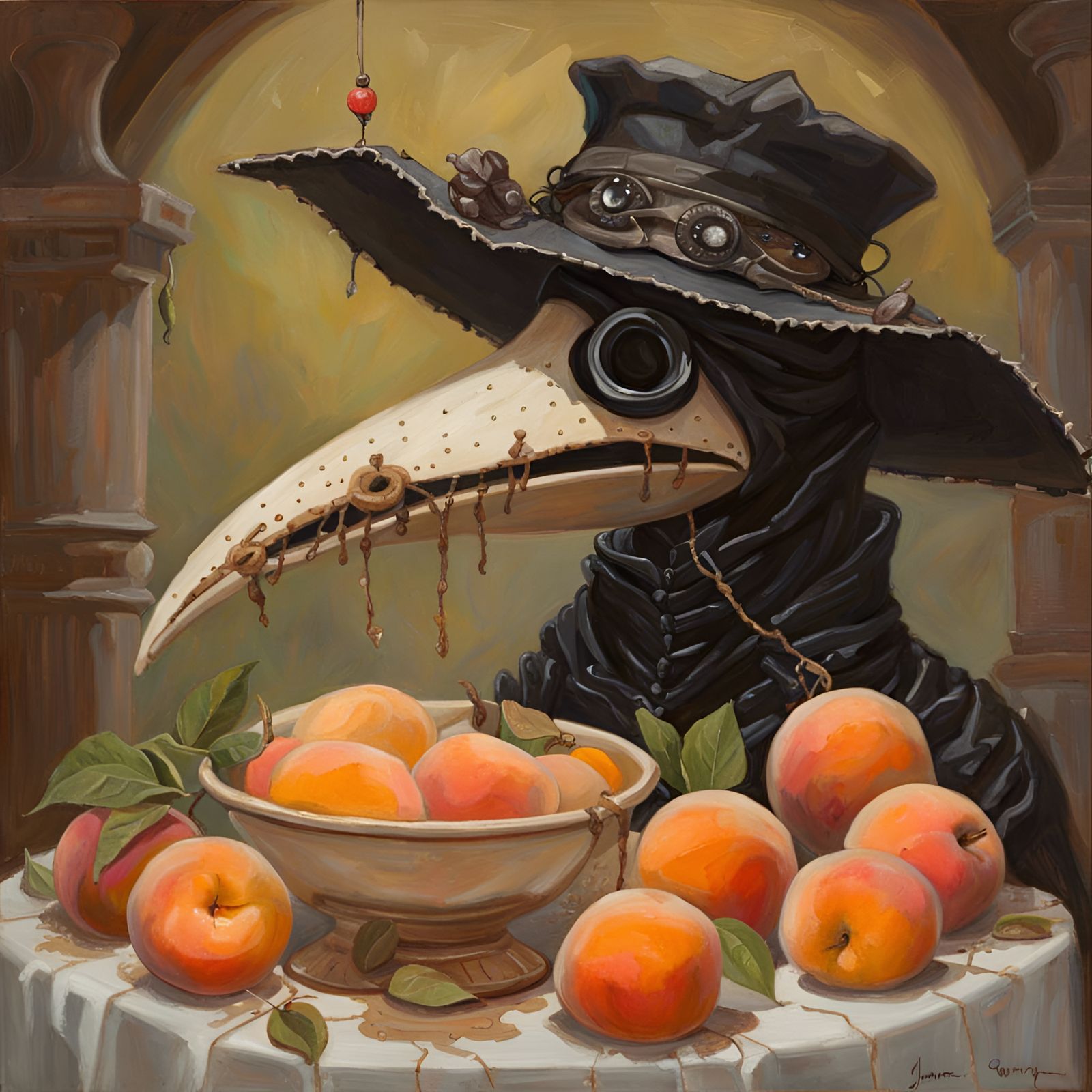 Cute Plague Doctor Enjoys Peach Cobbler