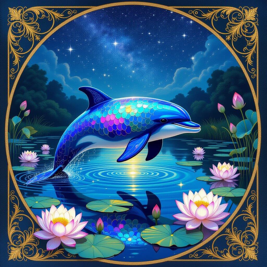 Celestial Dolphin Swimming in Starry Pond: Art Nouveau Style