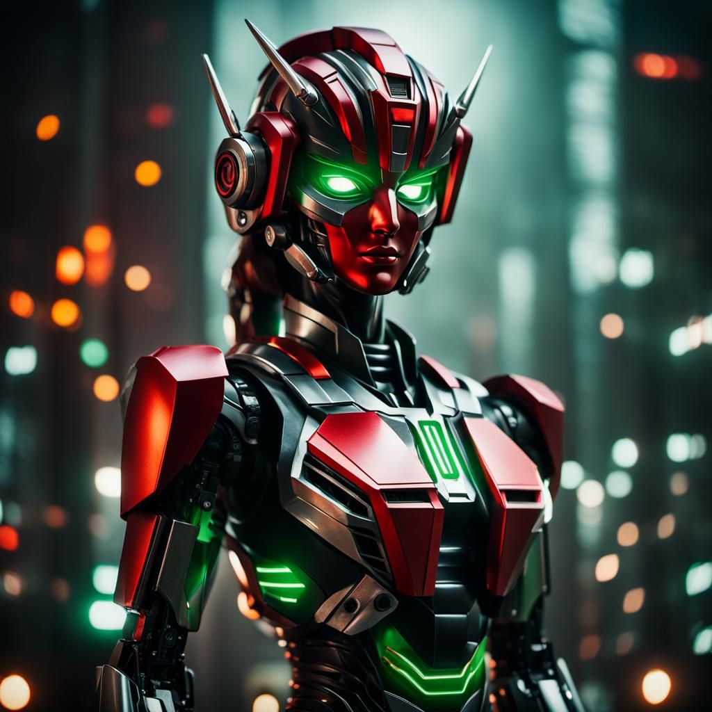 Intense Close-Up of a Red and Black Transformer