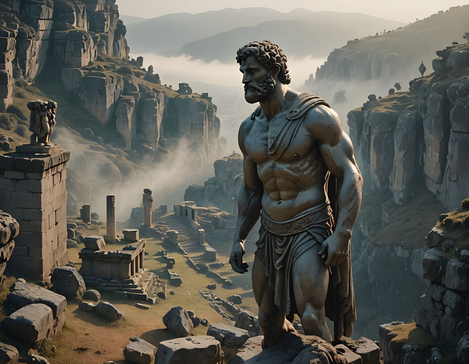 Hercules Statue in Misty Greek Valley
