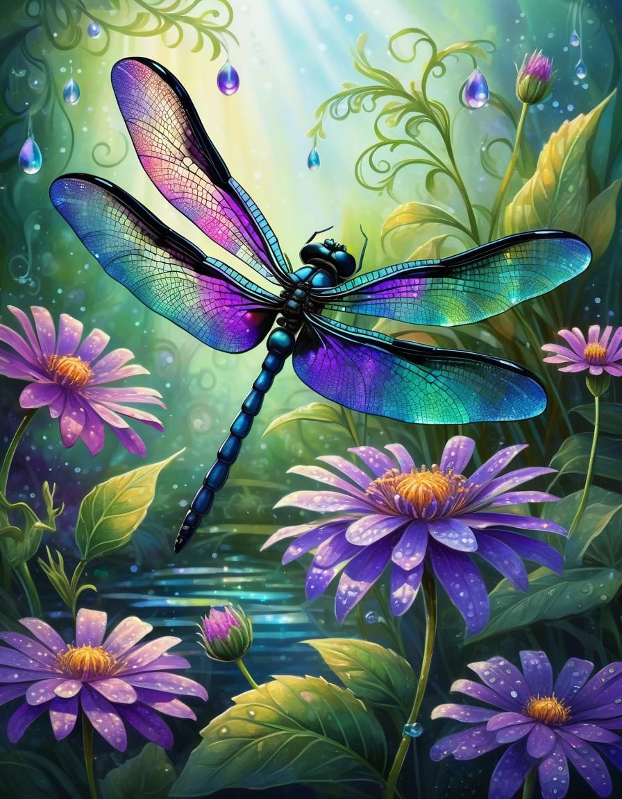 Whimsical Dragonfly in Enchanted Garden Illustration