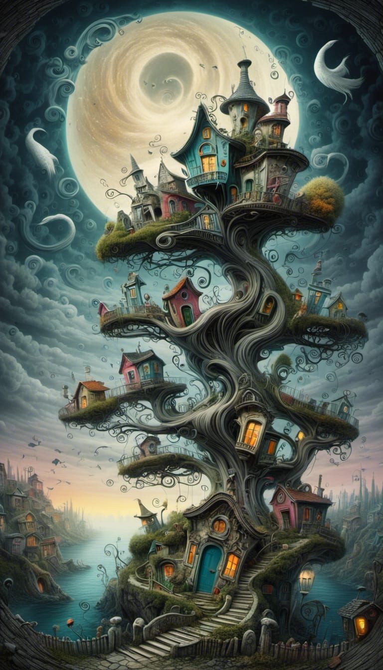 Surreal Stargate Scene with Bonsai Cottages