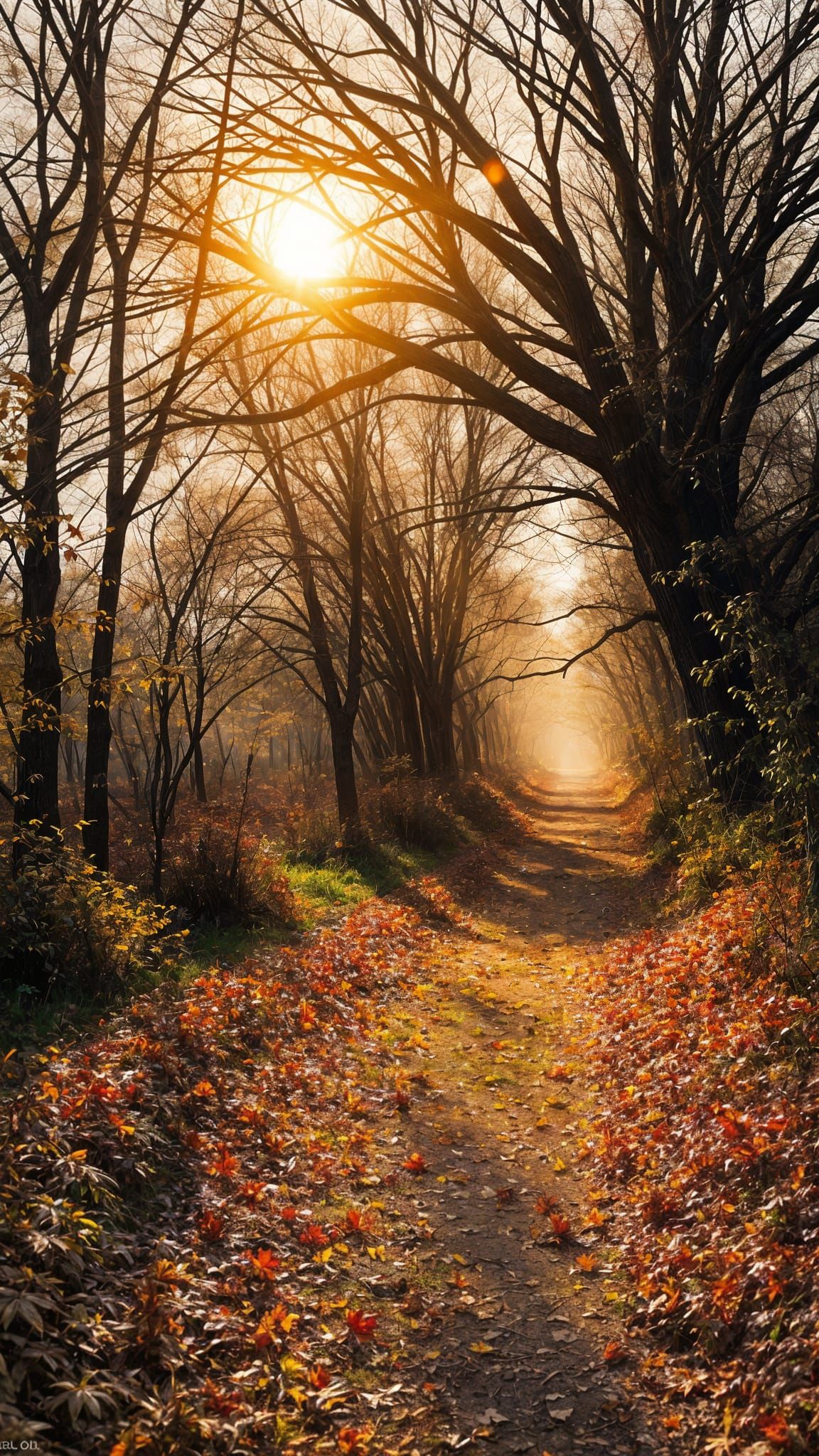 Golden Hour Country Path with Autumn Leaves