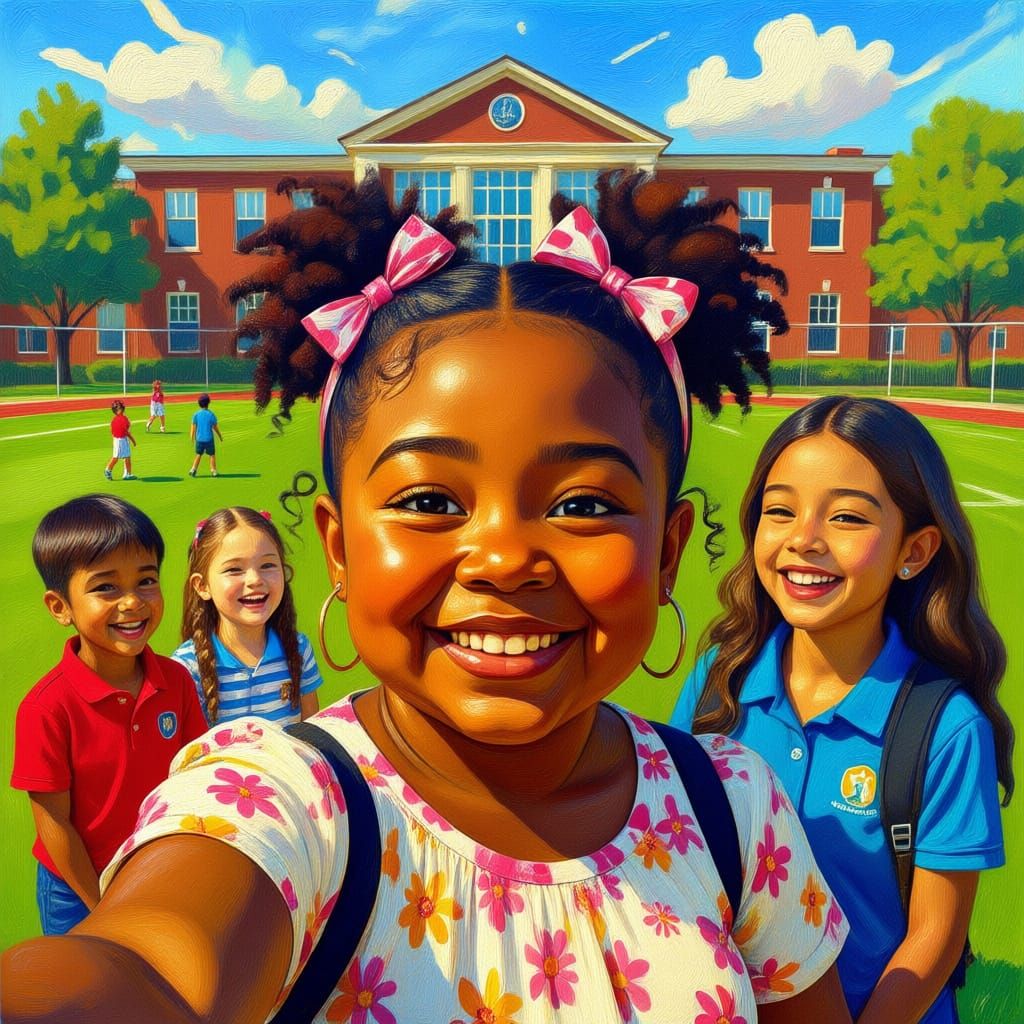 Joyful Black Girl's School Selfie with Classmates