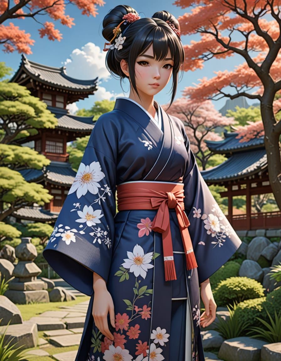 Anime Woman in Open Kimono in Japanese Garden