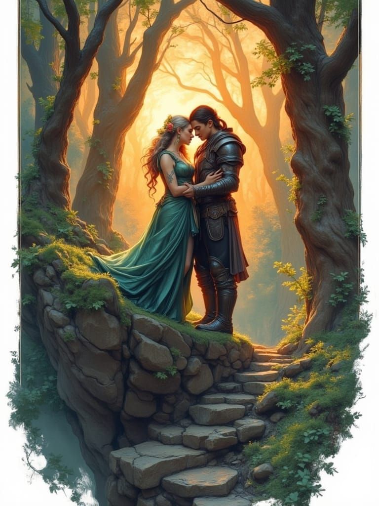 Elf Couple's Secret Meeting in Sunlit Forest Clearing