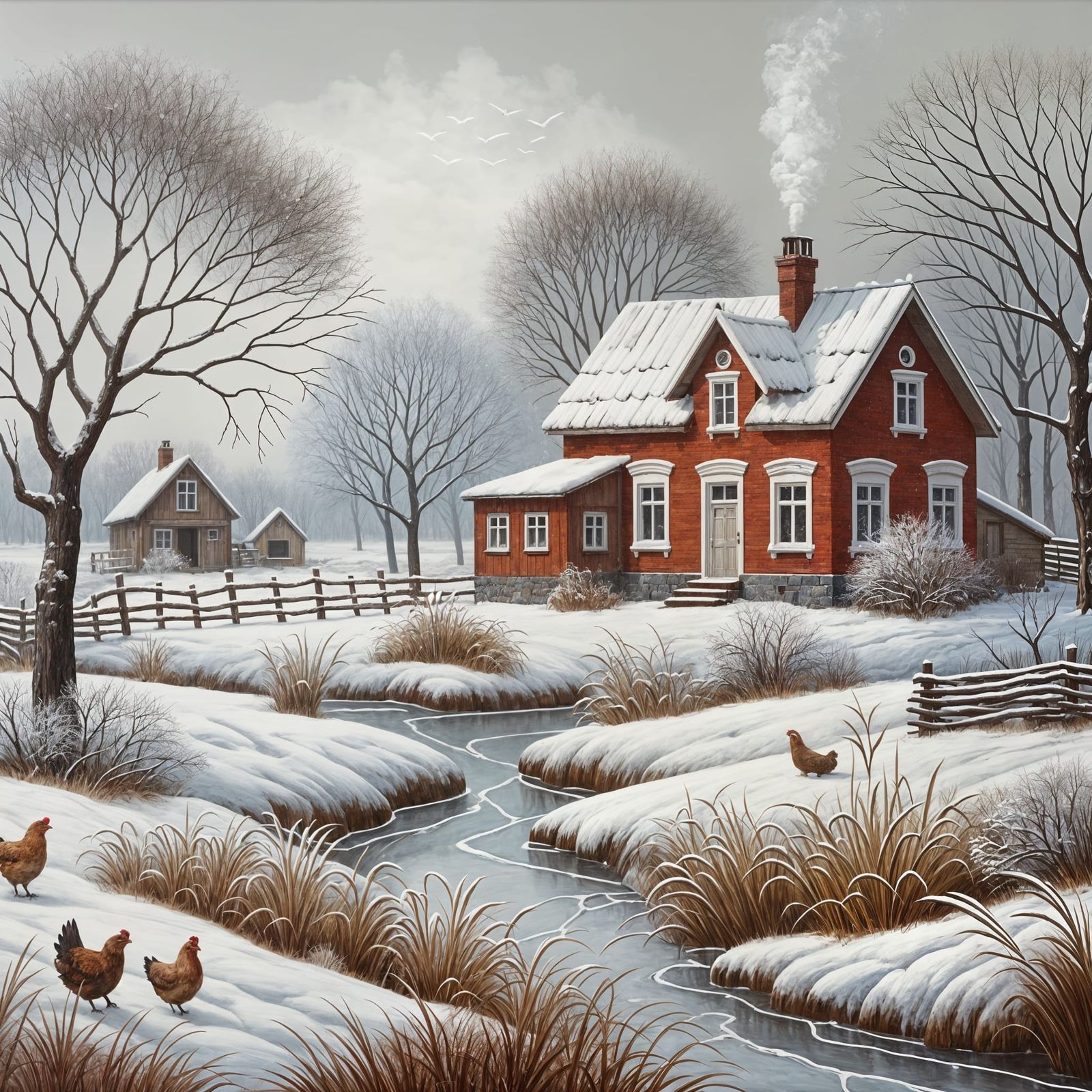 Cozy Winter Countryside Scene in Folk Art Style