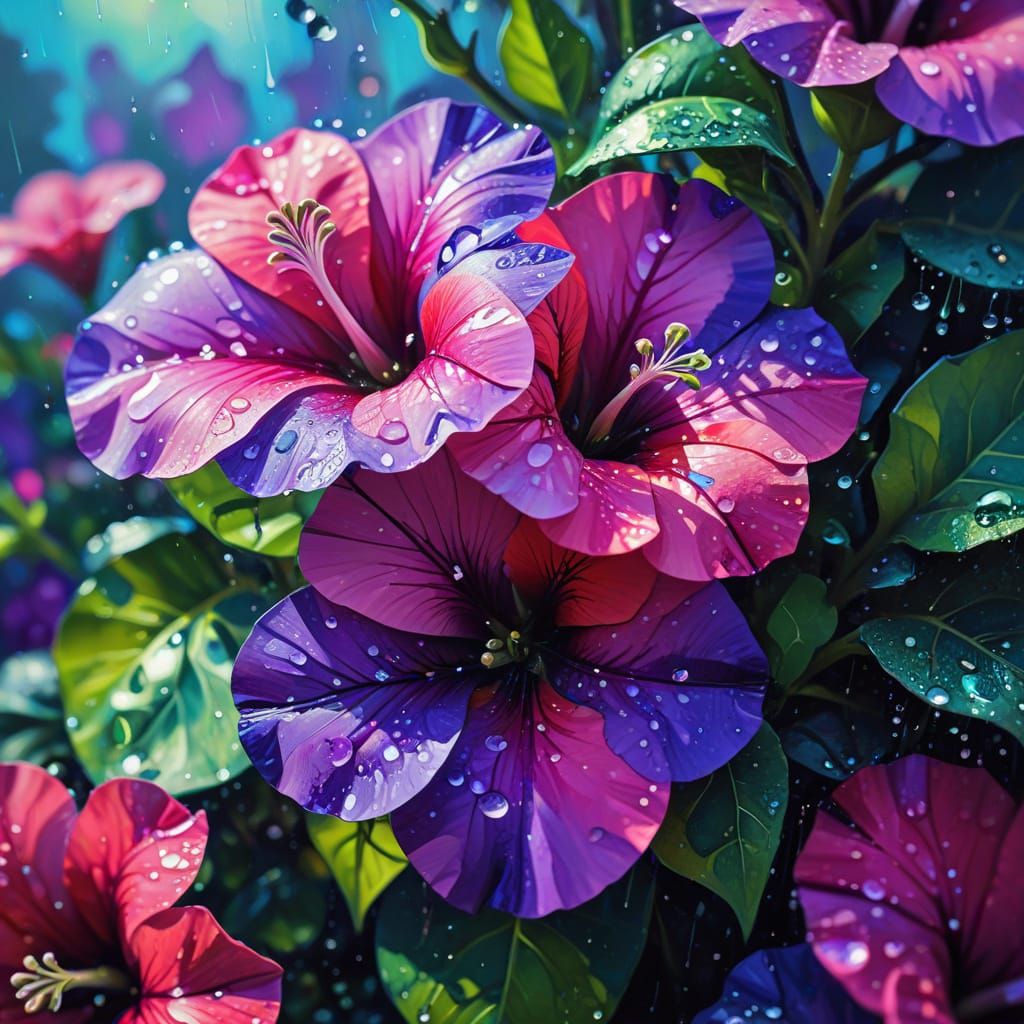 Cubist Petunia Flowers with Dewdrops in Macro