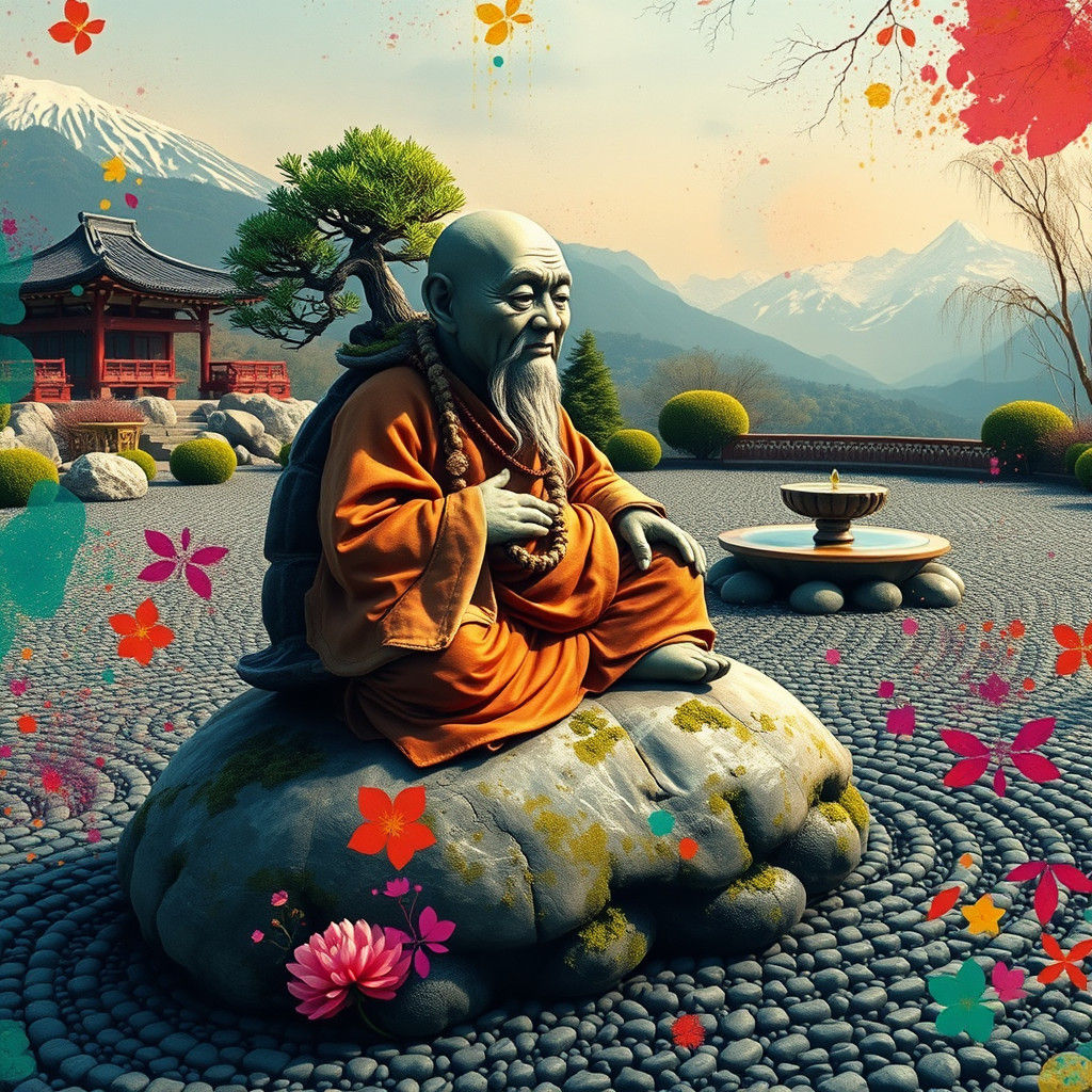 Turtle Monk in Zen Garden: Airbrushed Oil Painting
