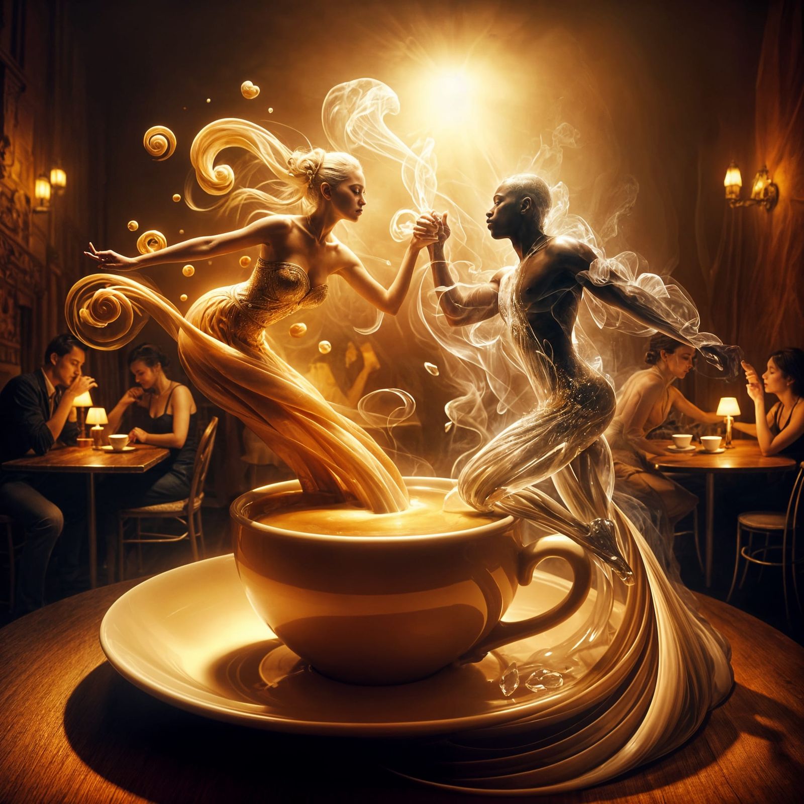 Romantic Dance in a Cozy Golden Hued Eatery