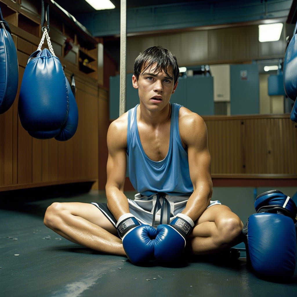 Teen boxer, blue-clad, muscles wearied — sweat-drenched, dreams not buried
