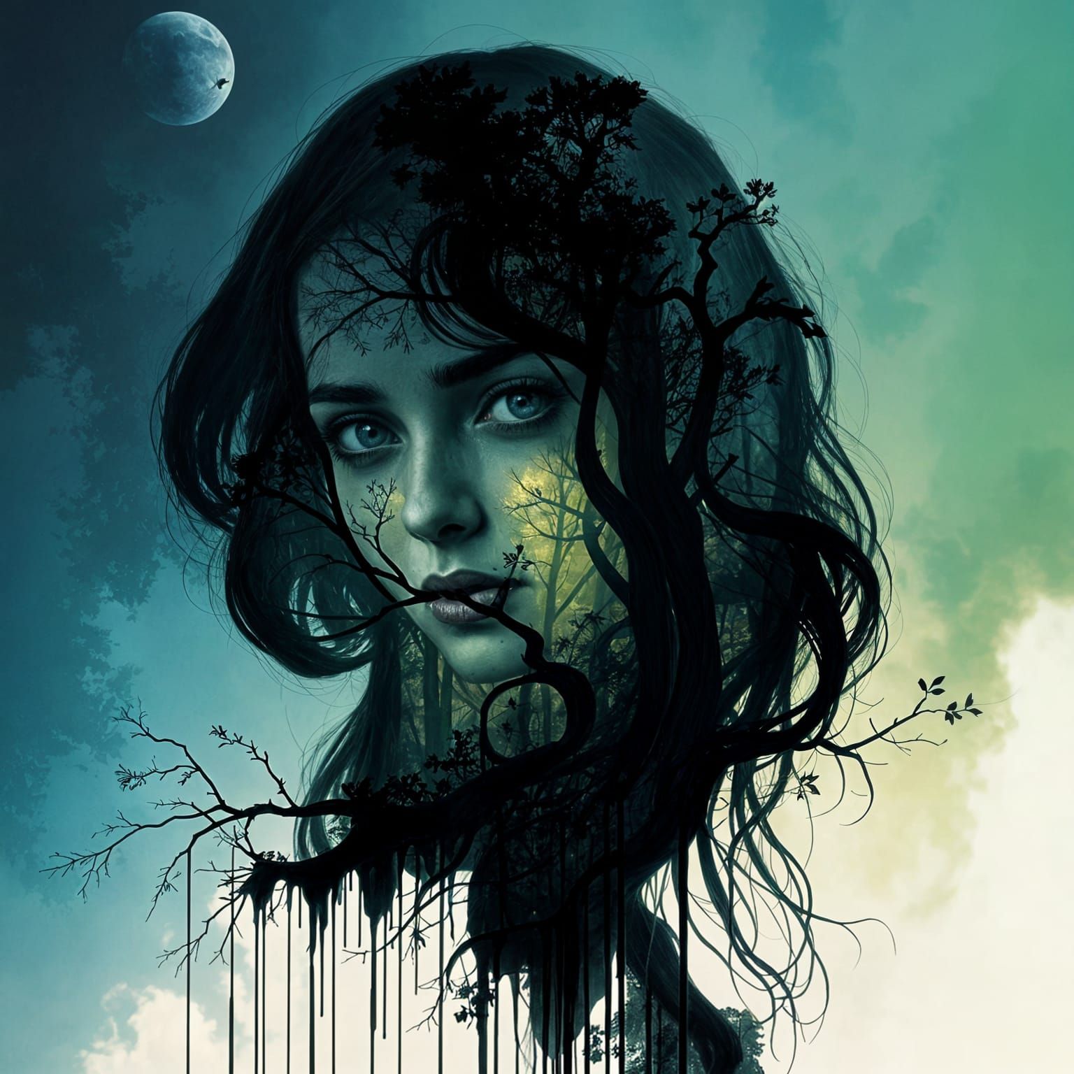 Enchanted Forest Woman Silhouette in Ink Painting Style