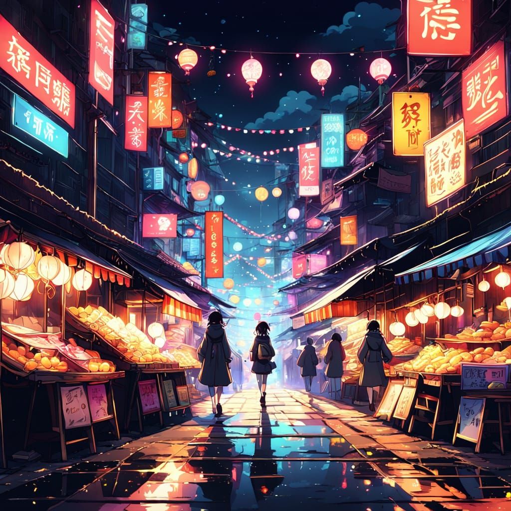 Anime Girl in Vibrant Night Market