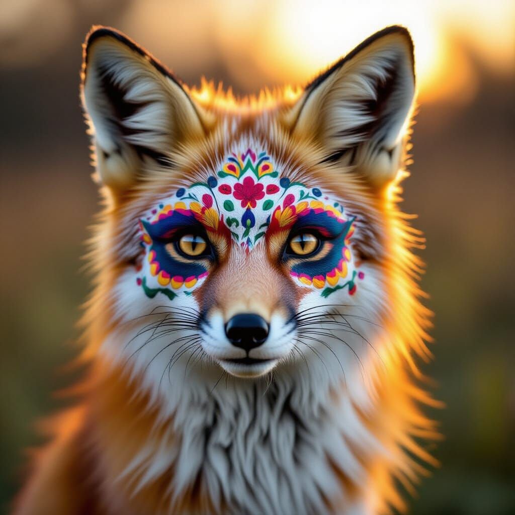 Medium shot of a beautiful fox wearing colorful Día de los M...