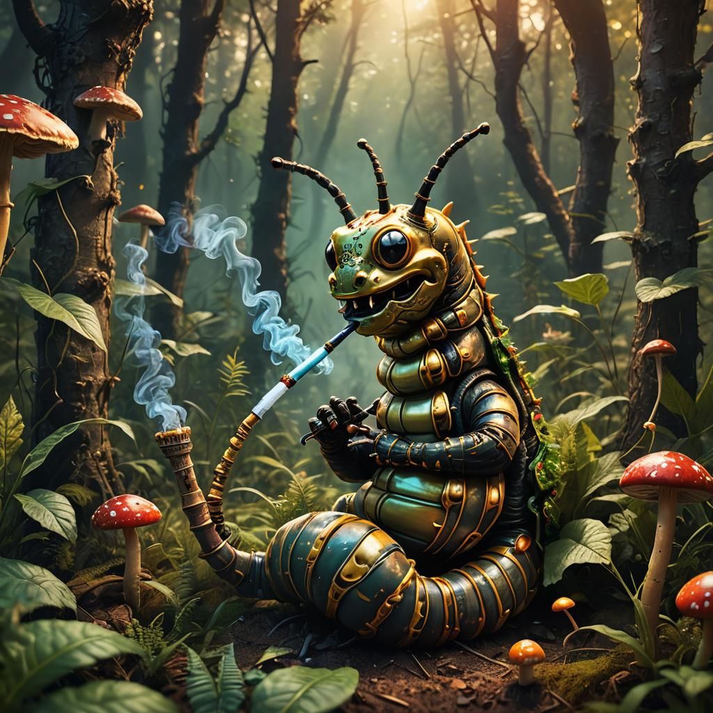 Caterpillar Smoking Hookah in Mushroom Forest