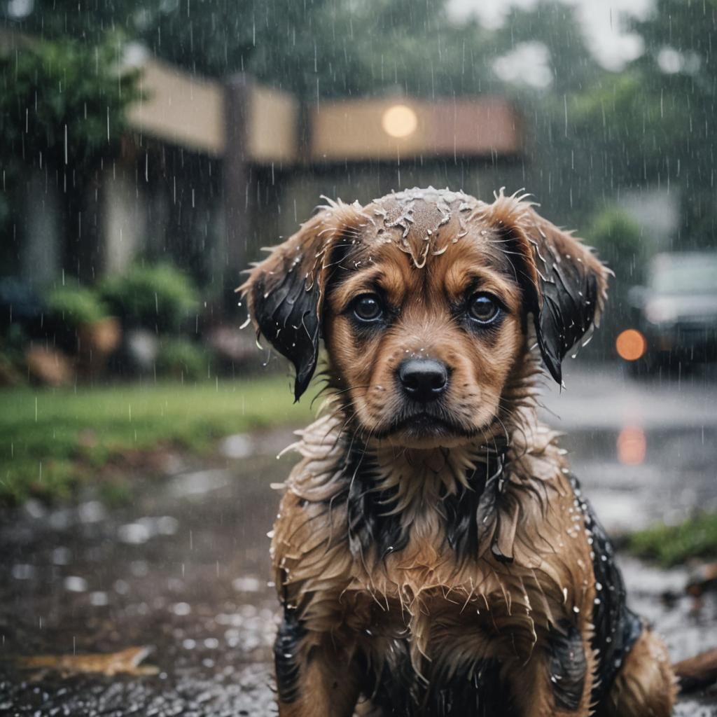 Sad Puppy in the Rain: Cinematic Film Still