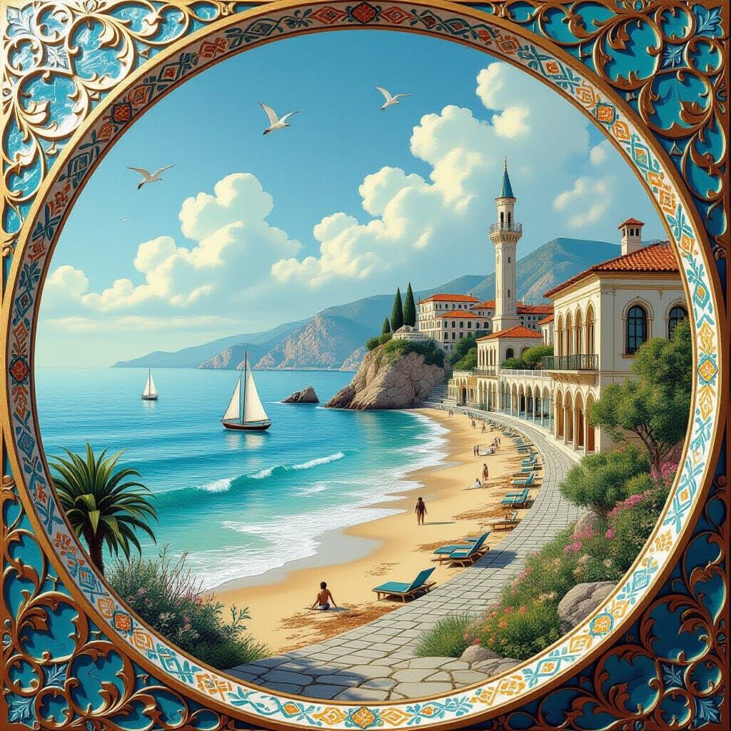 Ethereal Surreal Seaside Landscape with Architectural Detail