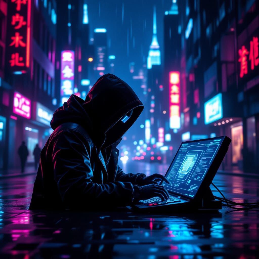 Hacker in Neon Cityscape, Cyberpunk Aesthetic
