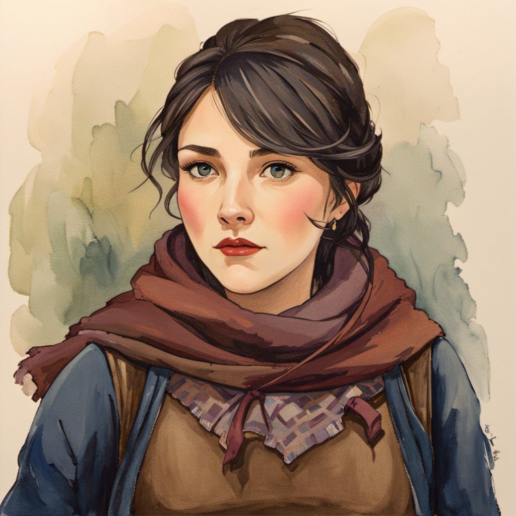 Chubby Woman in Medieval Fantasy, Watercolor Painting