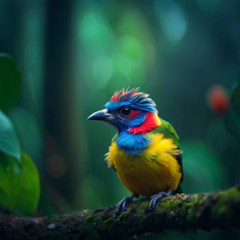 Vibrant Bird in Rainforest, Impressionist Style