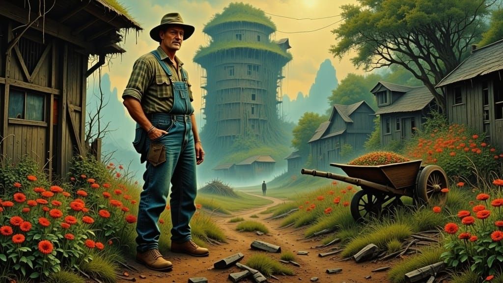 Landscaper in Vibrant Garden, Impressionist Style