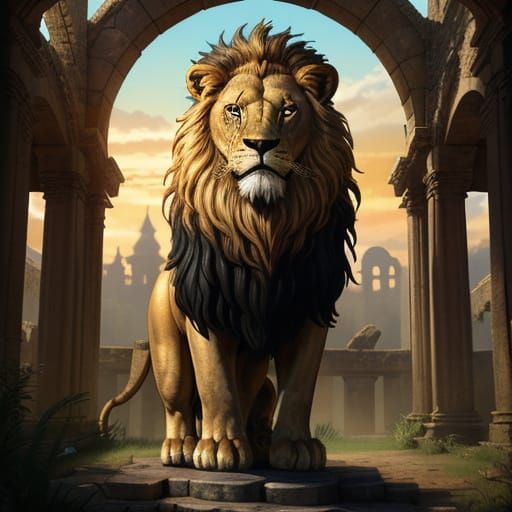 Steampunk Lion Guardian Before Ancient Archway
