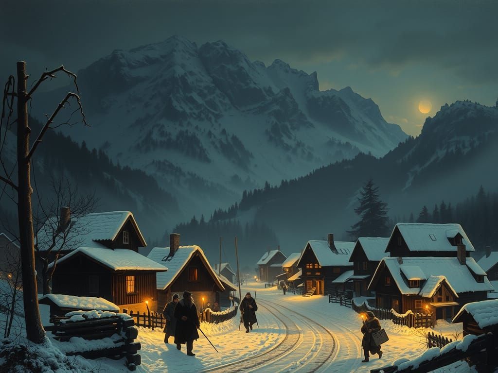 19th Century Swiss Alps Village at Night in Winter