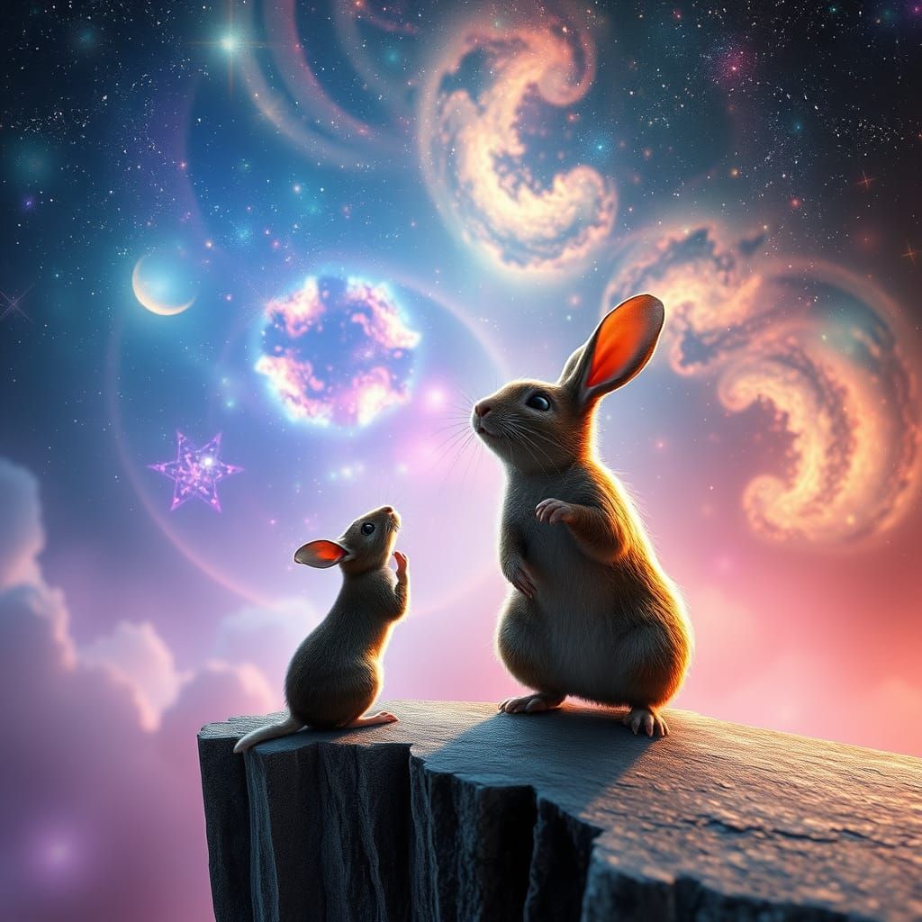 Celestial Fantasy Scenery with Rabbits and Rats