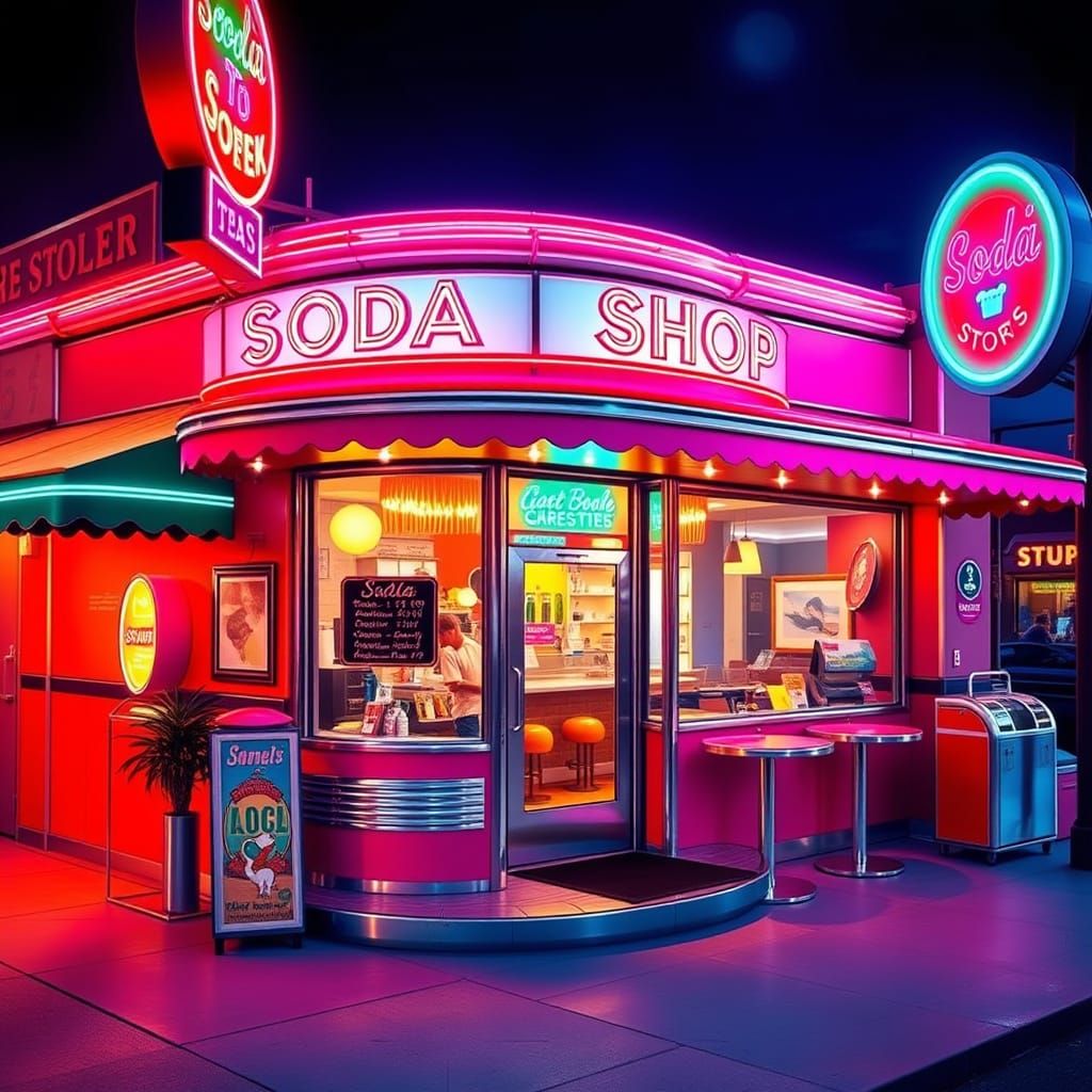 Retro-Futuristic Soda Shop in Vibrant 1950s Style