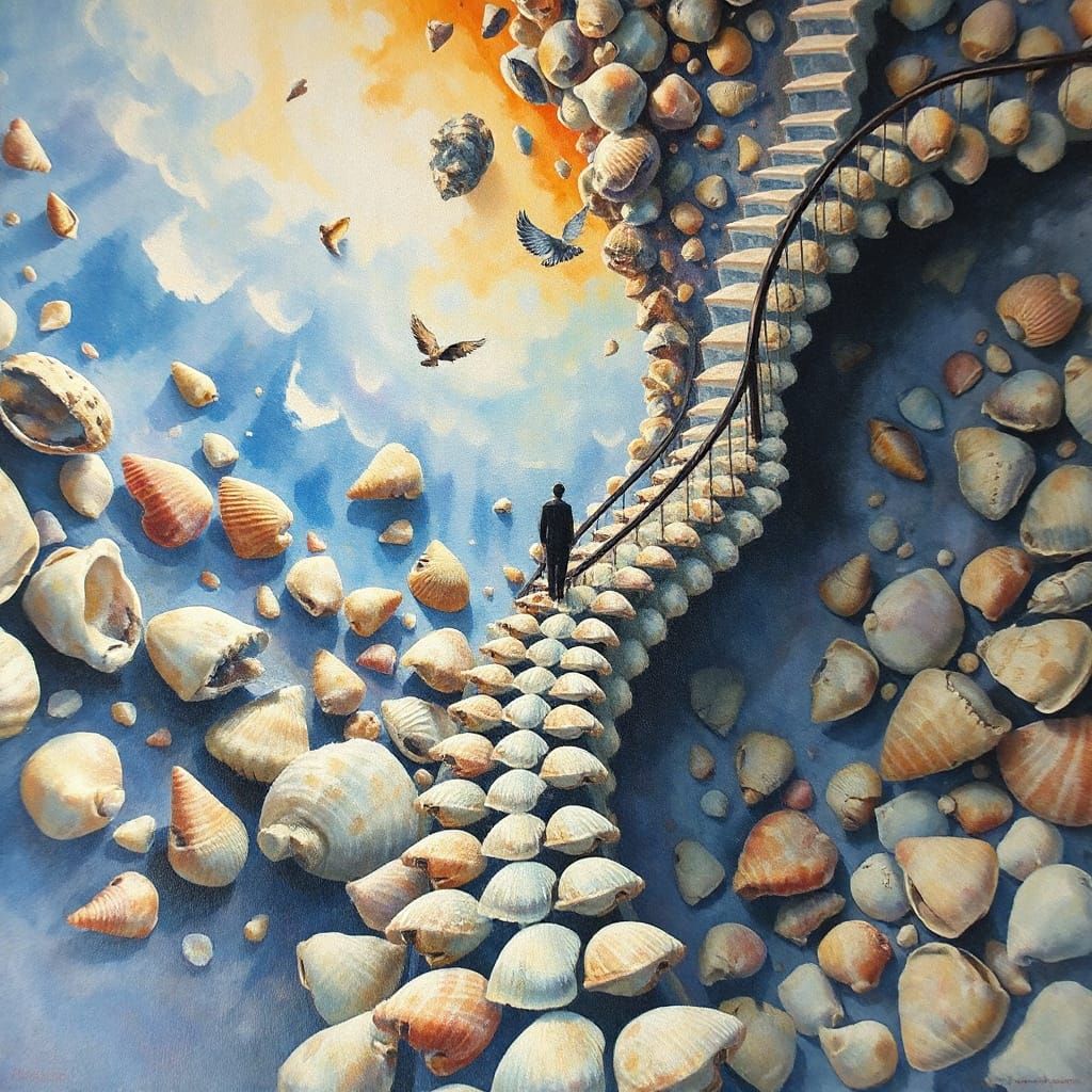 Surreal Shell Staircase in Kandinsky-Escher Style