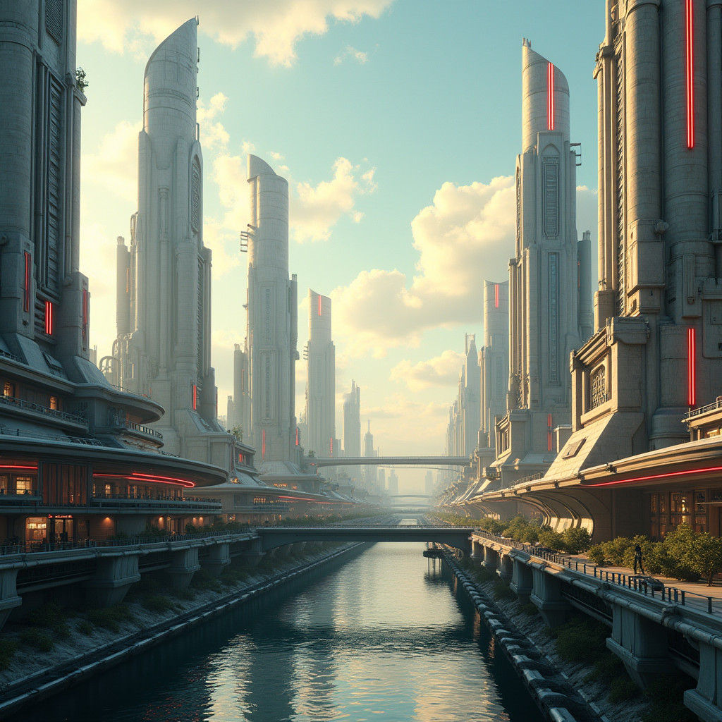 Retro-Futuristic Metropolis with River, Digital Art
