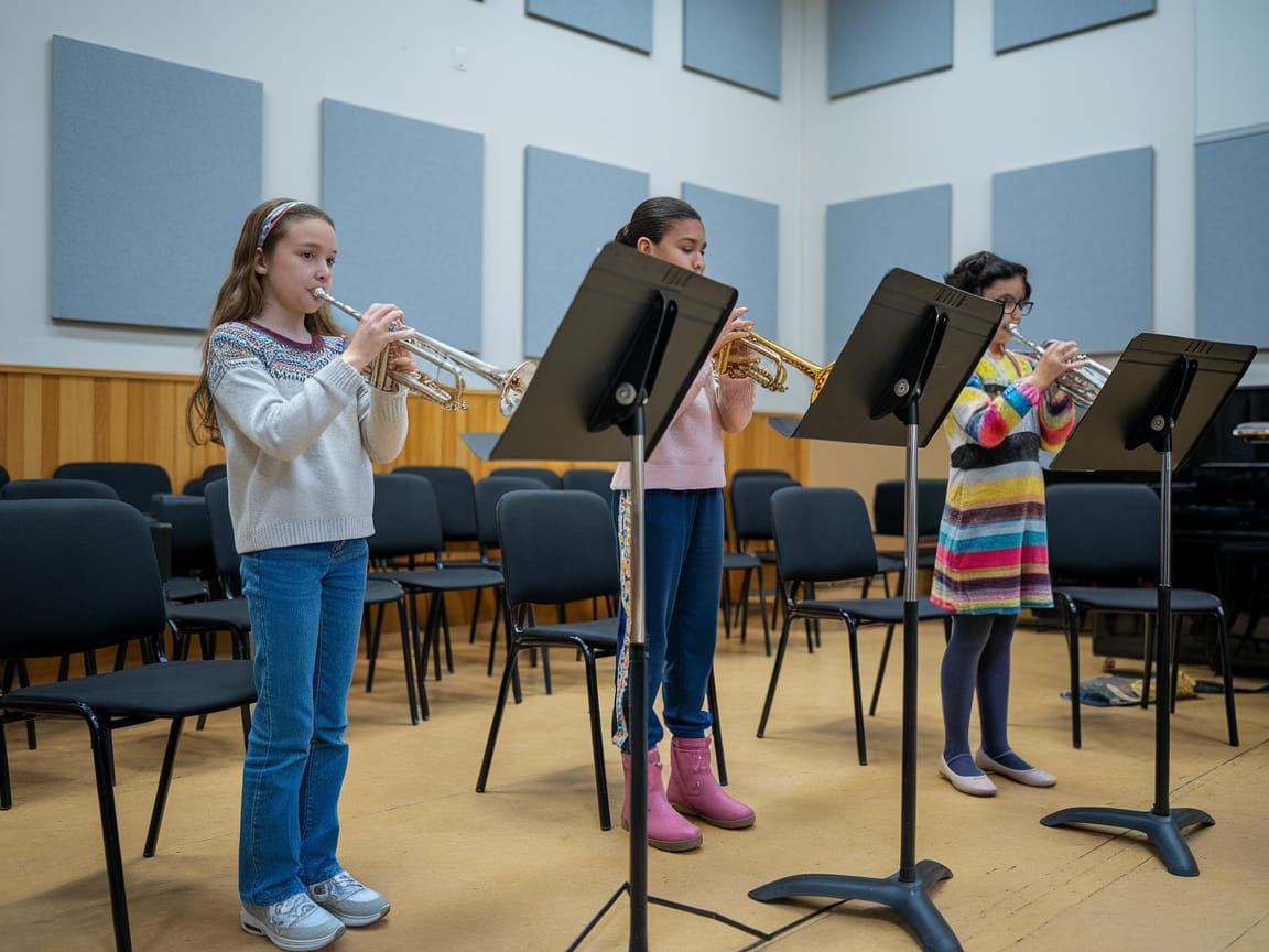 Girls Trumpet Ensemble Rehearsal in a Cozy Music Room
