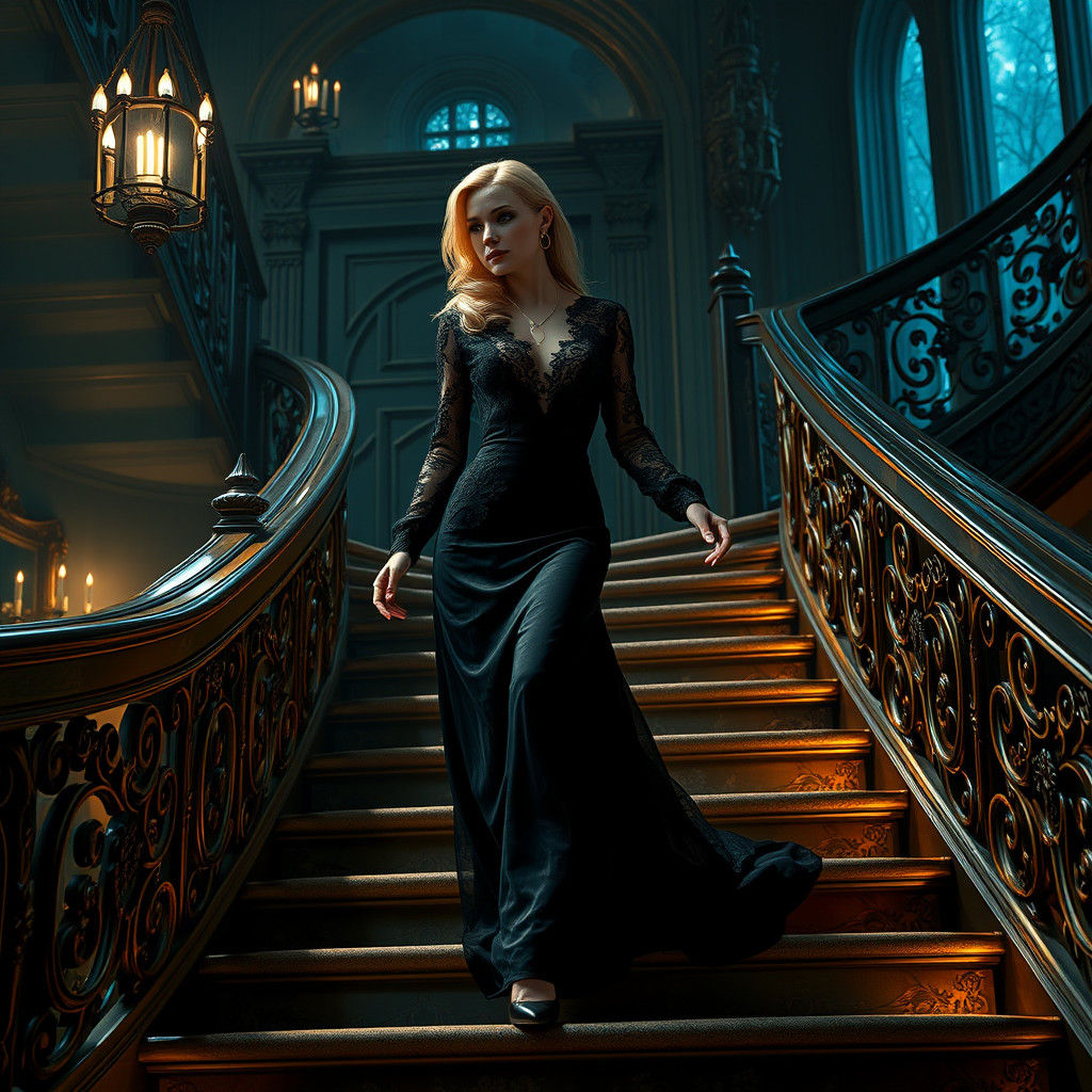 Woman in Black Lace Gown Descending Grand Staircase
