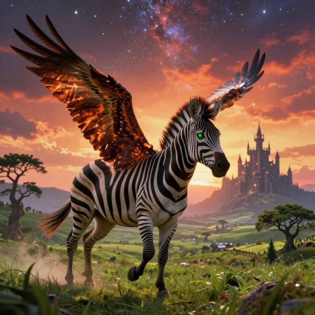 Zebra With Fiery Phoenix Wings Soars Over Valley