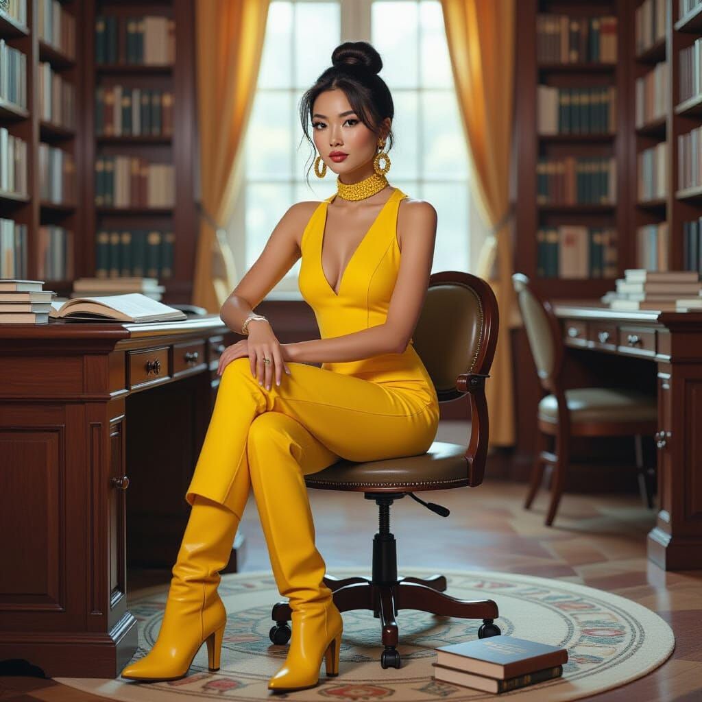 Asian Woman in Yellow Jumpsuit, Realistic Digital Art