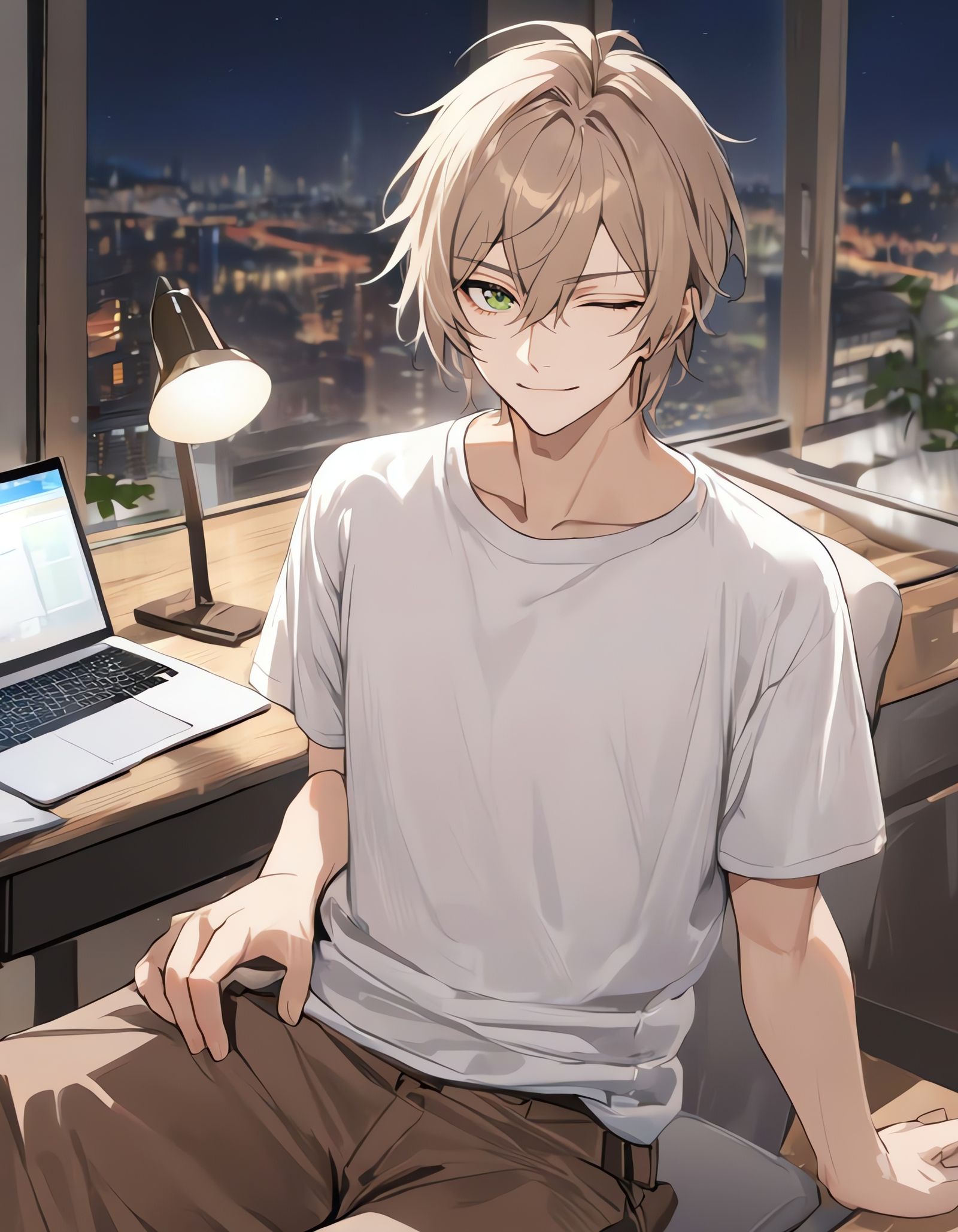 Bishounen Cowboy Typist in a City Night Office