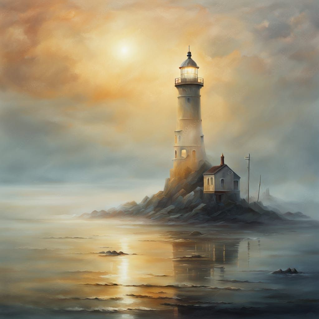 Majestic Lighthouse Shines in Surrealist Oil Painting
