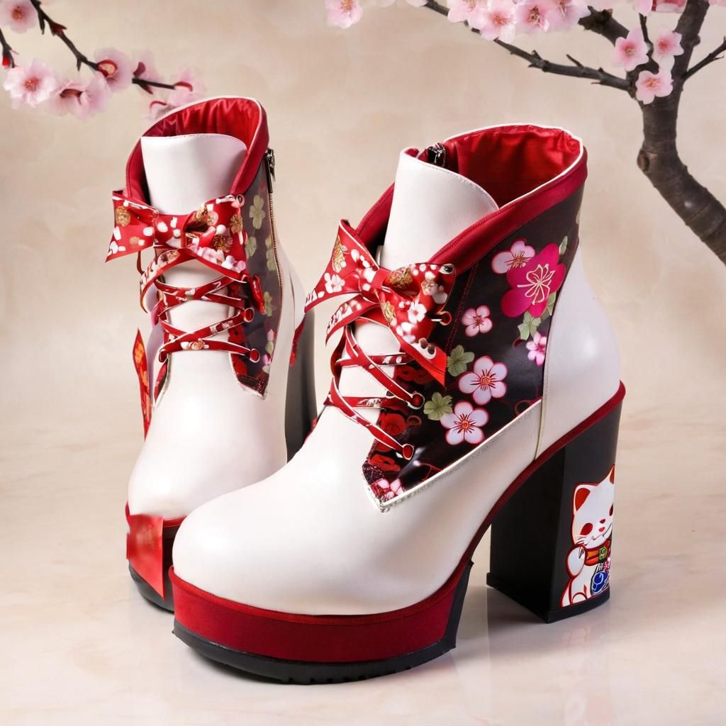 a pair of Women's round toe platform ankle boots 15.24cm heels red silk ribbon lace up front side zip white PU leather w...