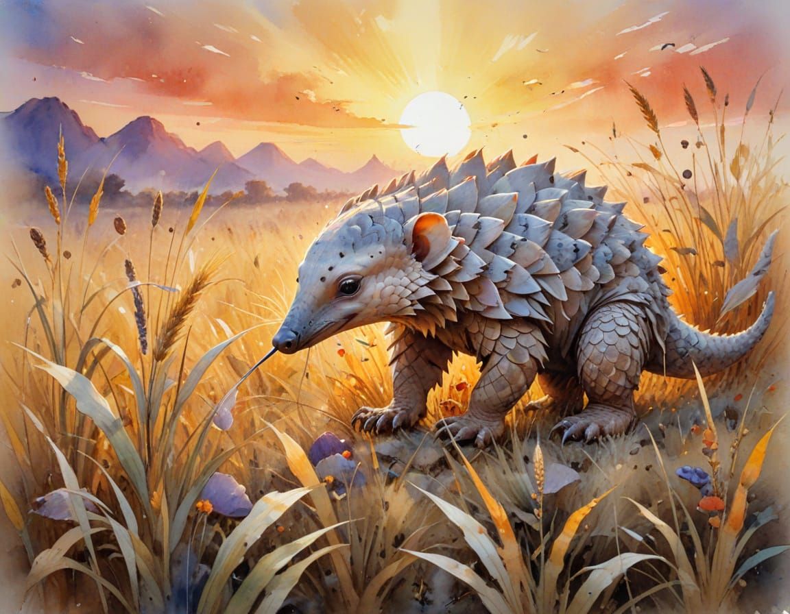 Pangolin in Savanna: Watercolour Painting with Cinematic Sty...