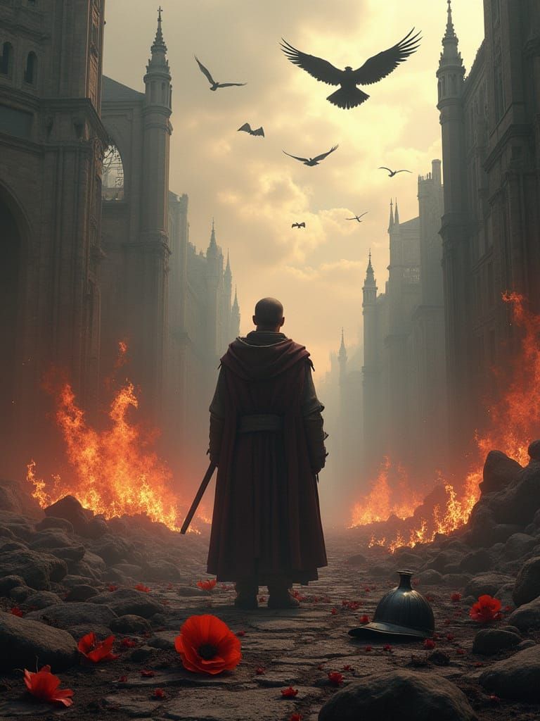 Apocalyptic Medieval London Ruins with Lone Warrior