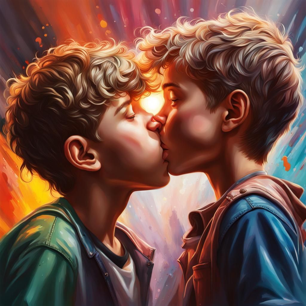 Hyperrealistic Splash Art of Two Boys Kissing