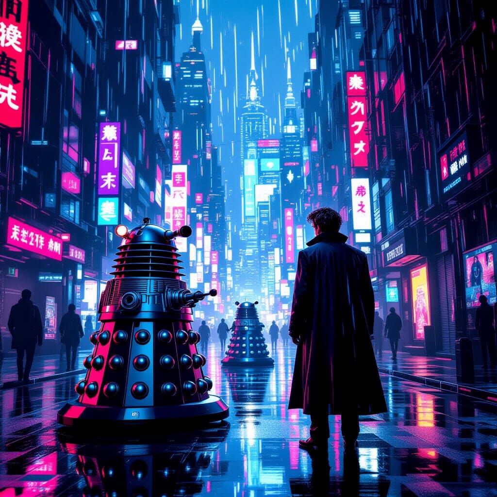 Dr. Who Confronts a Dalek in Cyberpunk Alleyway