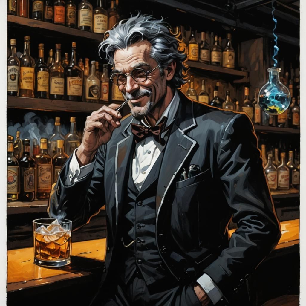 Mad Scientist in Smoky Bar, Oil Gouache Style