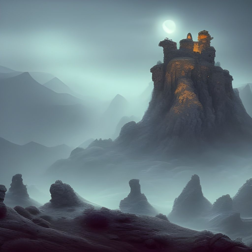 Epic Stone Giant Head Castle in Misty Landscape