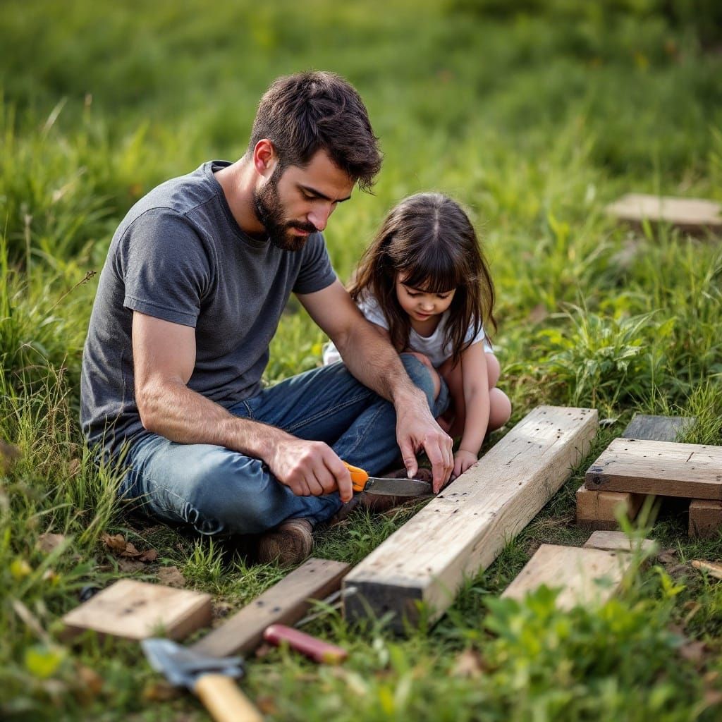Father and Daughter Build Together in Field