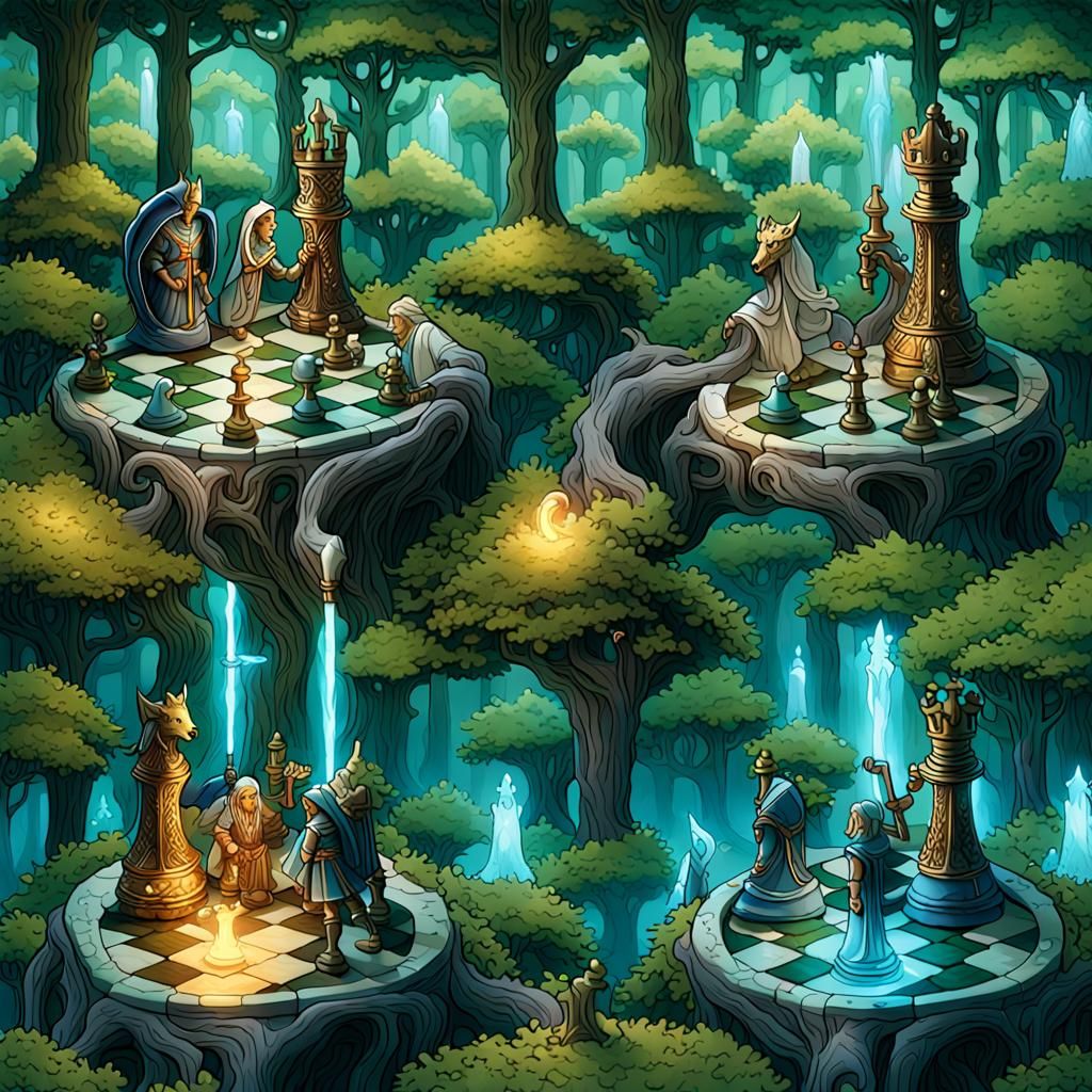 Enchanted Chess Game in Mystical Forest